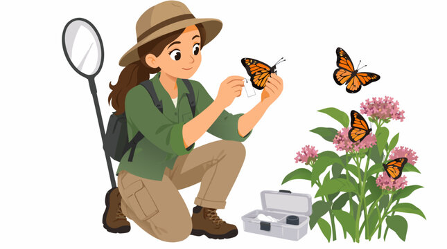 Female researcher in field gear tagging monarch butterfly before fall migration near blooming milkweed, with net and field kit, flat vector illustration depicting wildlife conservation research