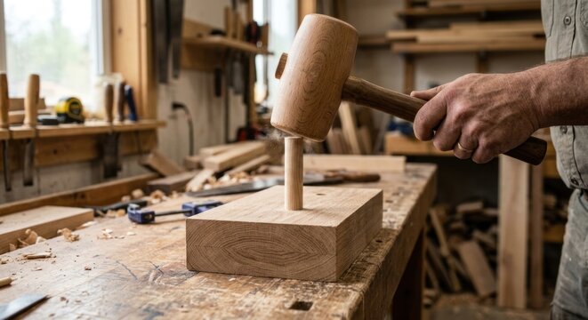 Carpenter using wooden mallet and chisel on wood block.