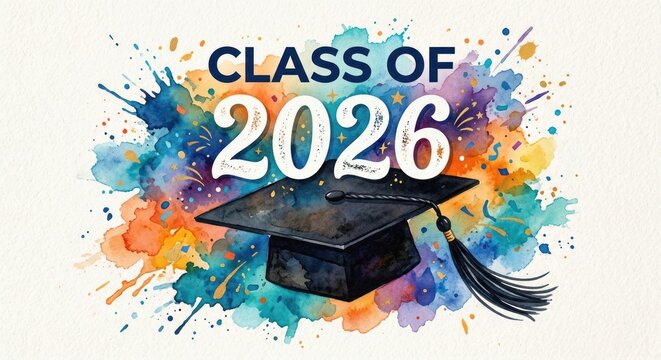 Class of 2026 graduation cap on vibrant watercolor background.