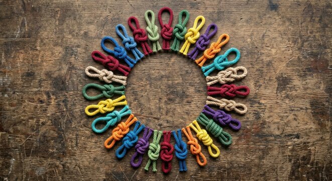 Circle of colorful paracord knots on rustic wood background.