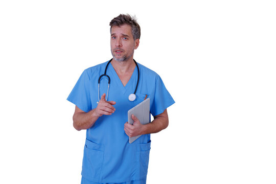 Male medical professional presenting with a digital tablet and stethoscope, giving advice on healthcare and treatment, transparent background