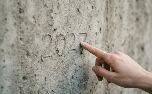 A hand pointing at the year 2027 carved into a concrete wall representing future planning and time