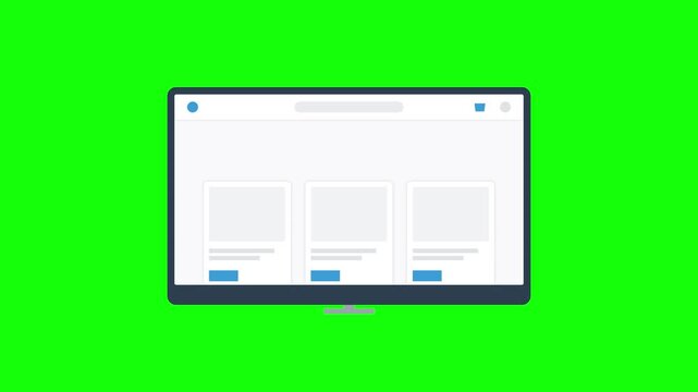 Computer Monitor Displaying Web Browser Interface Animation on Green Screen Background.