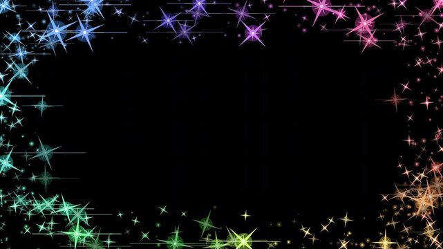 rainbow star sparkle frame border with colorful glowing starlight vignette and copy space on black background