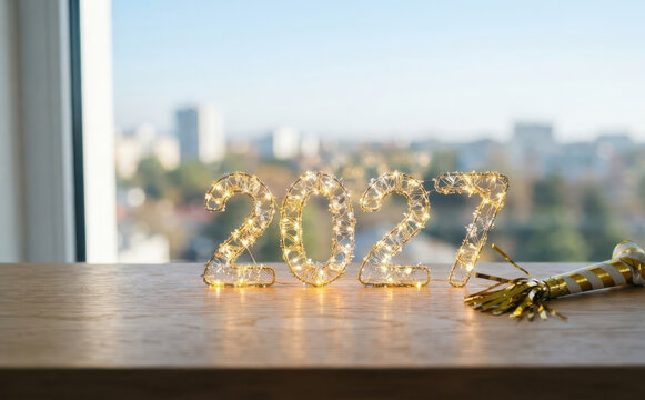 New Year 2027 glowing numbers decoration on a wooden table with party horn against a blurred city window background