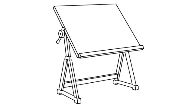 Thin black line art illustration of a tiltable drafting table with angled board on A-frame trestles and side crank handle drawn with thin black lines in three-quarter view for creative workflow