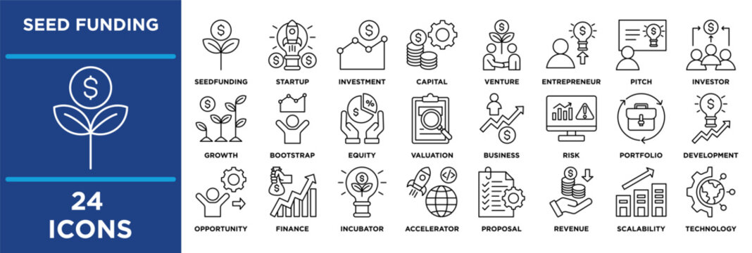 Seed Funding icon set featuring Startup, Investment, Capital, Venture, Funding, Entrepreneur, Pitch, Investor and Growth. outline vector.