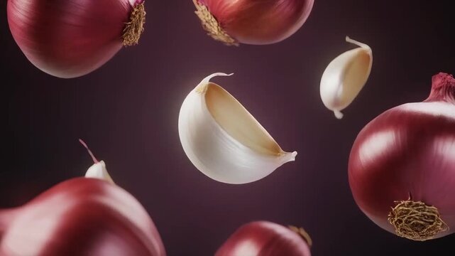 Super close cinematic shot of garlic cloves and richly colored red onions weightlessly hovering in space, rotating softly in a stable, and seamless motion
