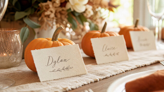 Rustic Autumn Wedding Table Setting, Fall Escort Cards with Pumpkins, Warm Thanksgiving Dinner Place Card Arrangement