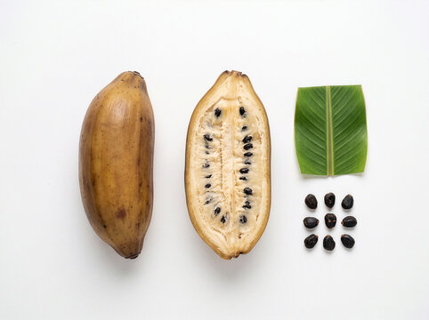 Ensete fruit whole and cut in half showing cream-colored pulp and black seeds, with green leaf and nine seeds, flat lay on white background