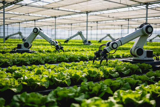 Automated robotic arms tend to vegetable crops in a modern, controlled greenhouse farm setting.