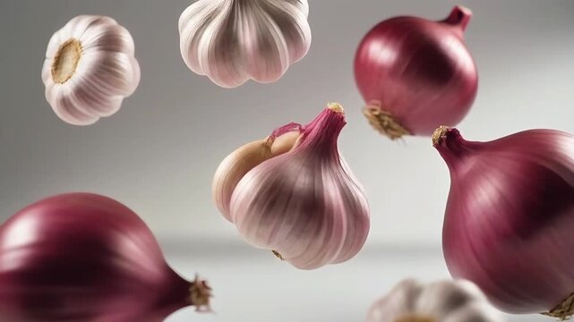 Close-up video of garlic bulbs and red onions levitating in an elegant composition reminiscent of luxury food commercials