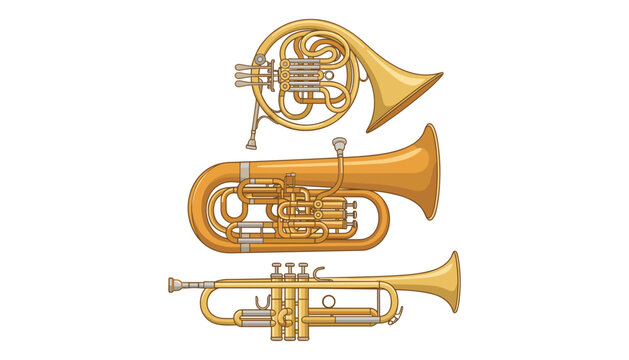 Golden brass musical instruments set featuring French horn tuba and trumpet vectors isolated on white background for orchestra concepts