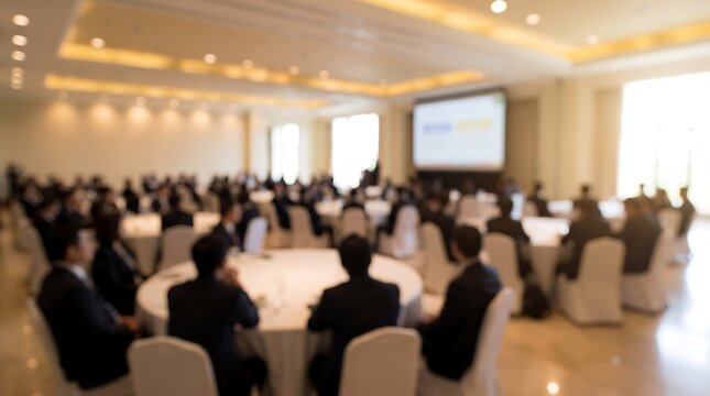 Blurred business seminar with professionals seated at round tables in spacious conference hall during corporate event with presentation screen visible in background of hotel ballroom