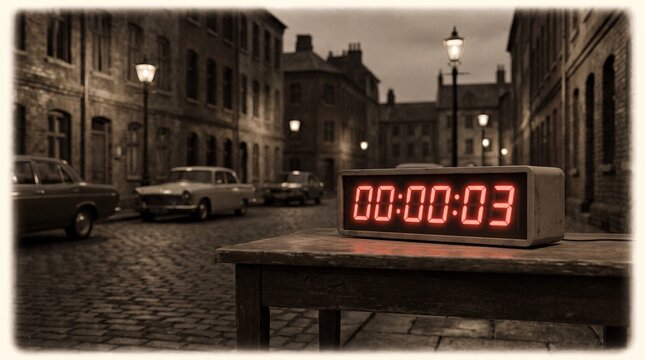 Digital clock displaying time numbers resting on a wooden table on a European street with vintage cars.