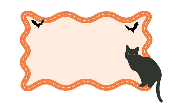 Minimalist Halloween Card Design with Spooky Cat and Decorative Orange Border