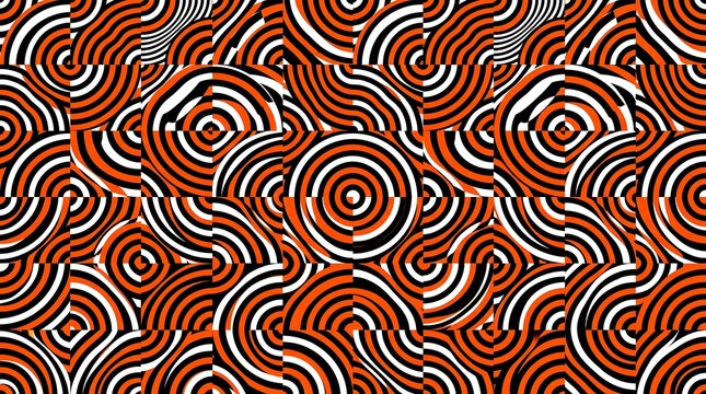 Abstract geometric pattern featuring fragmented orange and black concentric circles provides a vibrant background for graphic design projects, web banners, and modern branding materials.
