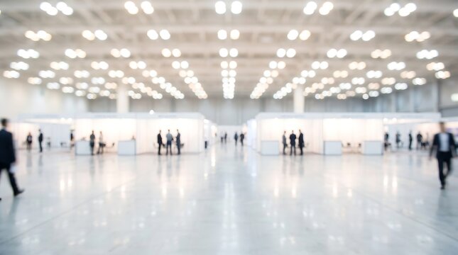 Blurred busy convention center exhibition hall with people walking past white booths and displays at professional trade show during corporate marketing event in spacious modern facility