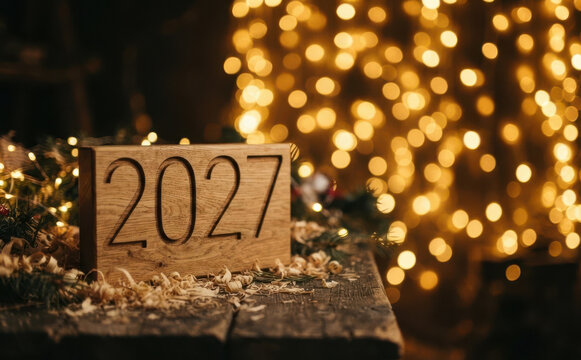 Wooden block with carved number 2027 on rustic wooden table with glowing lights background for New Year and future concepts