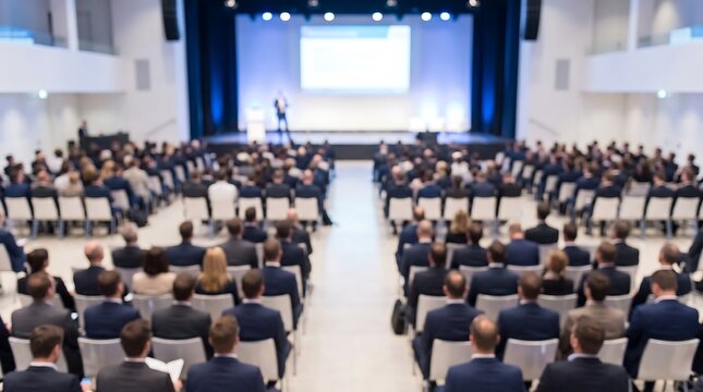 Blurred audience members sitting in rows at large corporate seminar and event hall listening to presentation on stage with professional lighting and modern architectural design