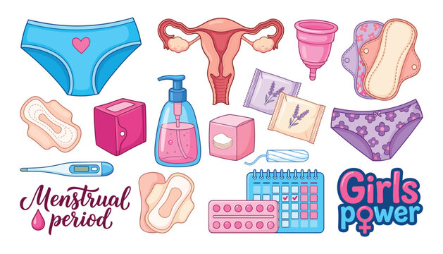 Vector illustration collection of female menstrual period hygiene products icons including pads uterus tampons cup and calendar elements
