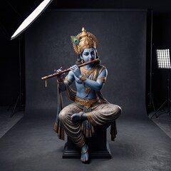 Fototapeta premium 3D Portrait of Lord Krishna Playing Flute in Studio Setup