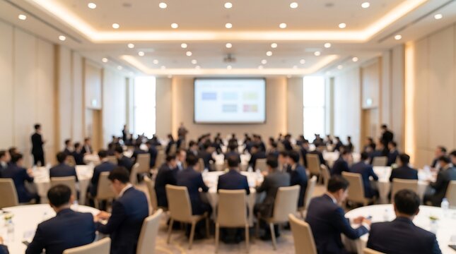 Blurred wide view of large scale corporate conference with rows of professionals attending seminar in spacious hotel ballroom with projector screen and ambient lighting