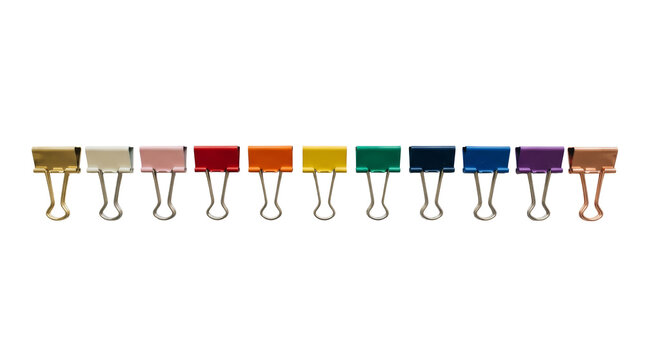 Thirteen rainbow color binder clips on png background for diverse filing needs