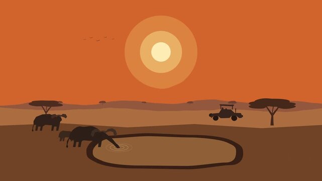 Pixel art safari animation with elephants drinking water at sunset