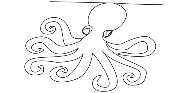 Simple line art drawing of an octopus with many tentacles for kids coloring book page