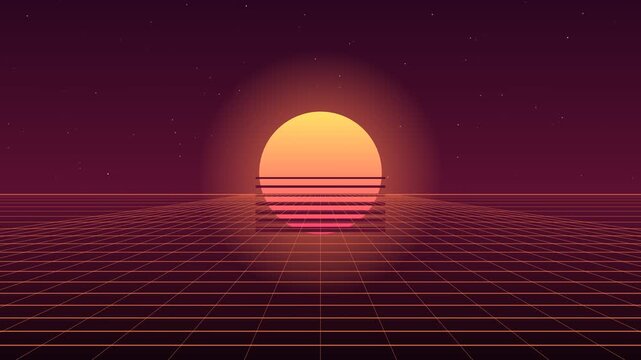 Retro synthwave grid with sun. Seamless looping 4K animation of a retro synthwave grid receding to a horizon with a setting sun.