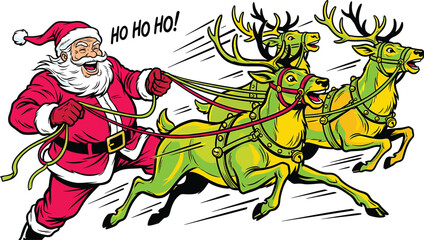 Vintage comic style Christmas vector illustration featuring laughing Santa Claus running with fast racing green reindeer © AFSANA AKTER