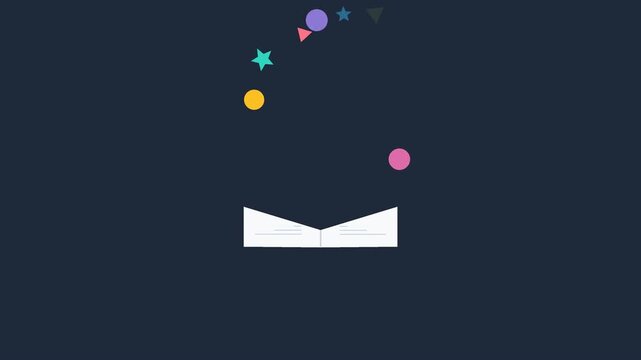 A minimalist graphic design featuring an open white book with colorful geometric shapes floating above it on a dark background.