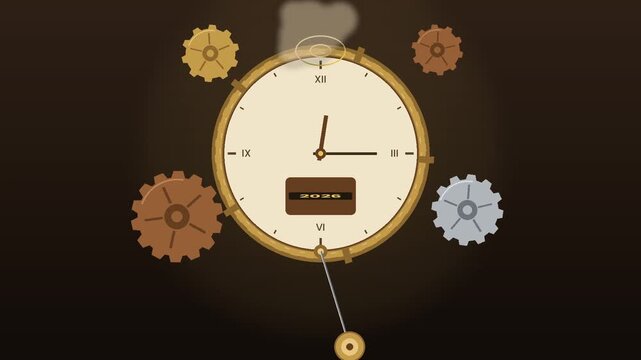A vintage-style clock with Roman numerals, a pendulum, and various gears in a dark, mechanical setting.