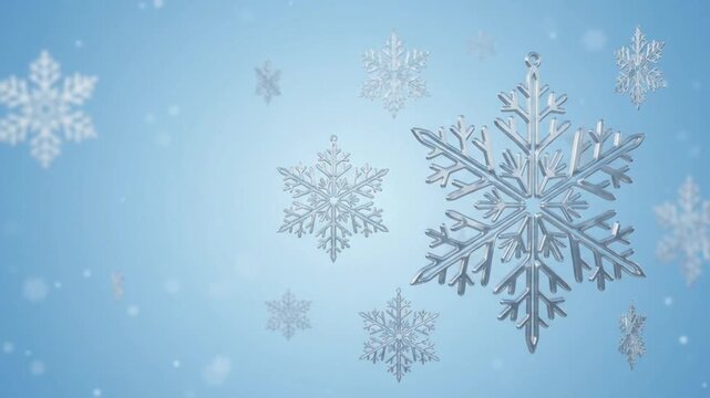 Elegant 3D Glass Snowflakes Falling on a Soft Light Blue Winter Background with Copy Space