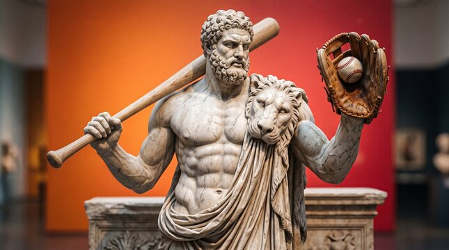 Hercules Marble Statue Holding a Baseball Bat and Glove