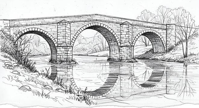 The Image Is A Black And White Sketch Of A Stone Bridge Over A River The