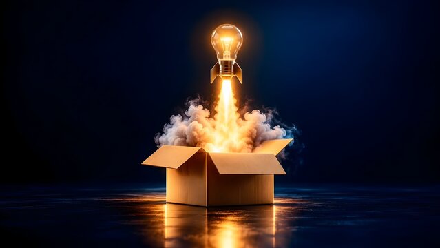 Lightbulb rocket launching out of a cardboard box with smoke representing out of the box thinking and creative idea
