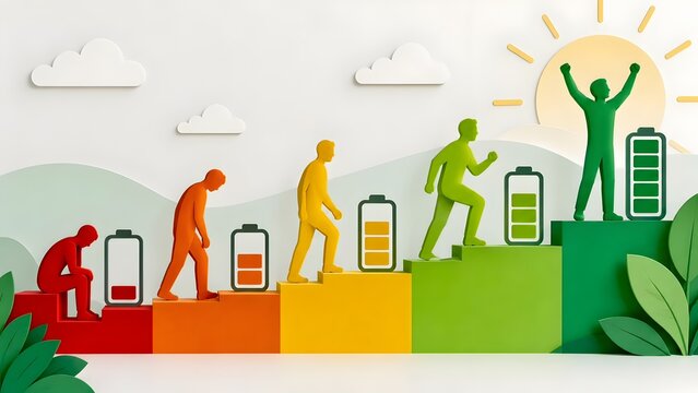 Battery level progress concept with paper cut figures transforming from tired red to energetic green