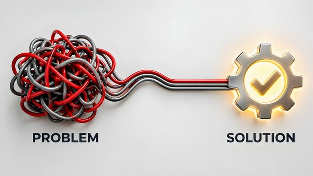 Tangled wire resolving into glowing checkmark gear symbolizing problem solving and efficient solution