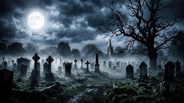 Full moon shining over a dark misty graveyard with ancient stone tombstones and a large leafless tree under a cloudy night sky with a distant church spire silhouette