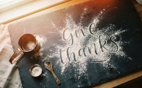 Thanksgiving baking concept with Give Thanks flour typography on black slate board with copper sifter and spoon