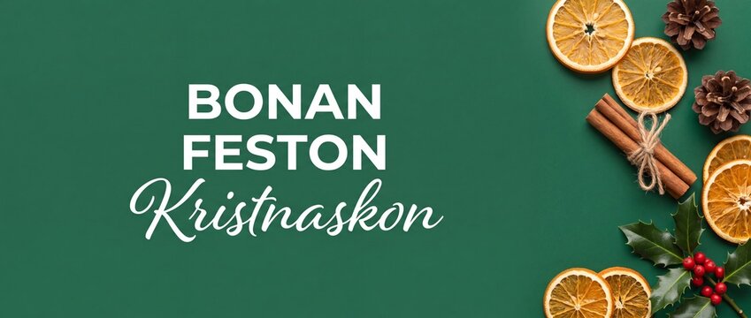 Esperanto Christmas greeting banner background featuring dried orange slices, cinnamon sticks, holly leaves and pine cones on dark green. Festive Bonan Feston Kristnaskon holiday flat lay template.