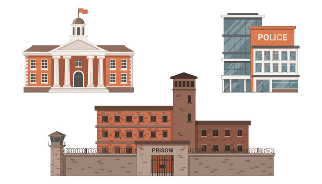 Government and justice municipal buildings set including courthouse police station and high security prison complex vector illustration