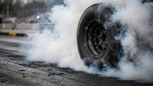 Close up of a race car tire burning rubber and creating heavy smoke at a drag strip.