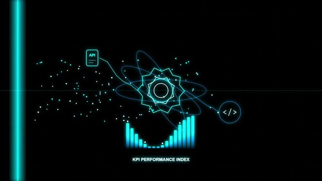 Abstract digital technology background featuring a glowing kpi performance index chart, api icon, and coding symbol, representing data analytics, software development, and business intelligence