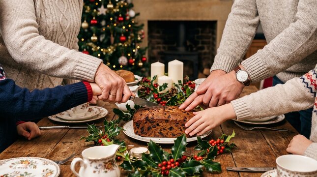 People slice Christmas fruitcake at a holiday table. Decorated tree and candles accompany a festive dinner. Seasonal gathering. Christmas celebration and family meal traditions.