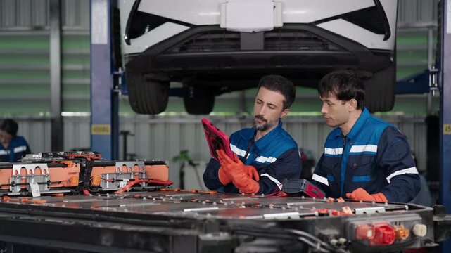 Mechanic lowers his tablet while a teammate places insulation tester probes on the open electric vehicle battery pack