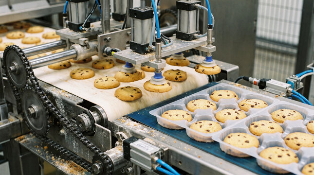 Automated machinery transfers chocolate chip cookies onto conveyor belt in bakery. Cookie packaging and food processing. Commercial baking and factory automation. Mass production.