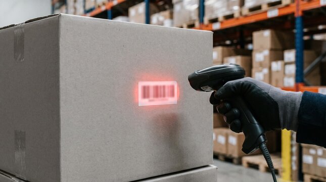 Worker scans barcode on cardboard box in warehouse. Inventory control and package tracking. Logistics, shipping and supply chain operations. Retail fulfillment and stock management.